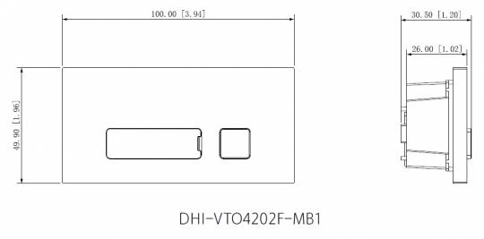 Technische Zeichnung mit Maßen eines rechteckigen, wandmontierten Geräts mit der Bezeichnung „DHI-VTO4202F-MB1