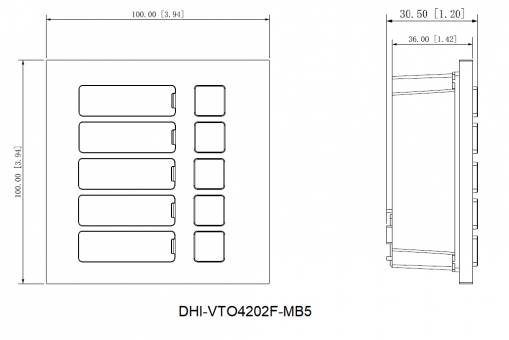 Technische Strichzeichnung eines quadratischen Geräts, Modell 'DHI-VTO4202F-MB5', zeigt Vorder- und Seitenansichten mit Abmessungen 100,00 x 100,00 und Tiefe 30,50/36,00.