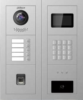Zwei-Panel-Dahua-Video-Türsprechanlage mit Kamera, Anruftasten, Display, Tastatur und Karten-/Fingerabdruck-Lesegerät.