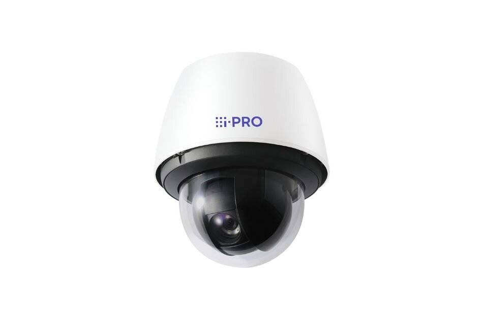 Weiße i-PRO Domenkamera zur Sicherheitsüberwachung mit schwarzem Linsengehäuse, dargestellt auf weißem Hintergrund.