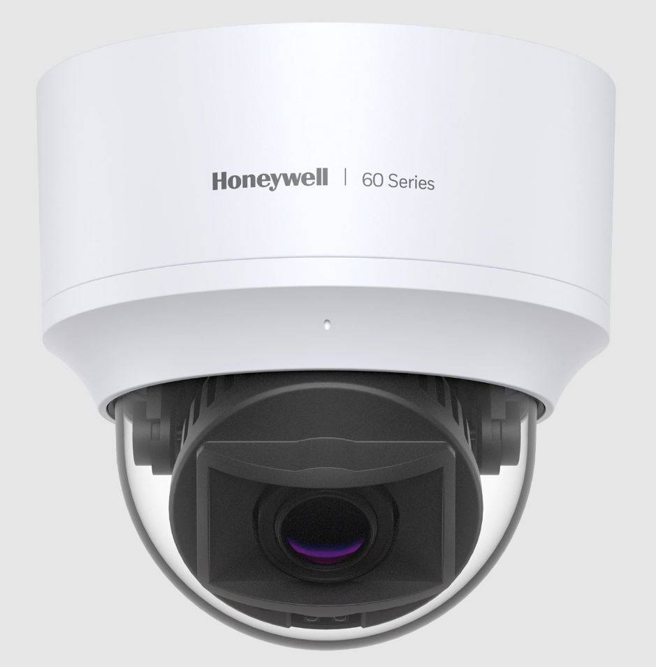 Sicherheitskamera des Modells 'Honeywell 60 Series', mit einer gekuppelten, weißen Außenhülle und dunkler Linse, entwickelt für Überwachungsanwendungen.