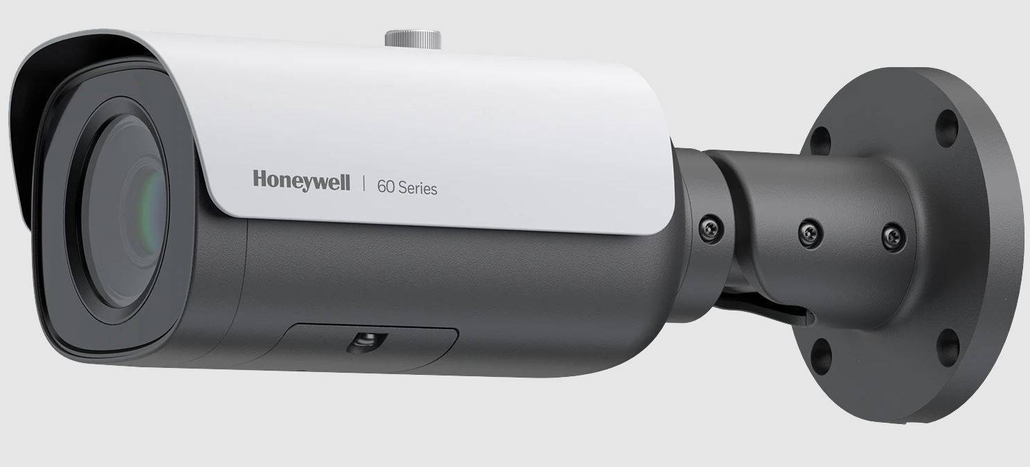 Nahaufnahme einer Honeywell 60-Serie-Sicherheitskamera mit elegantem weißen Oberteil und schwarzem Gehäuse. Entwickelt für Überwachung und Monitoring.