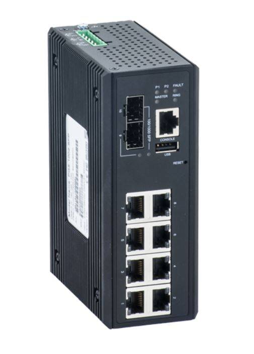 Schwarzer industrieller Netzwerk-Switch/Router mit mehreren Ethernet-Anschlüssen, einem Konsolen-Port, Statusleuchten und einer Reset-Taste auf der Frontplatte.