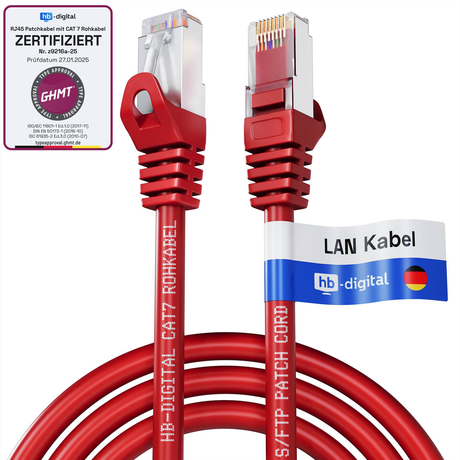 hb-digital Patchkabel 2m CAT7 Rohkabel LAN Kabel S/FTP PiMF LSZH rot