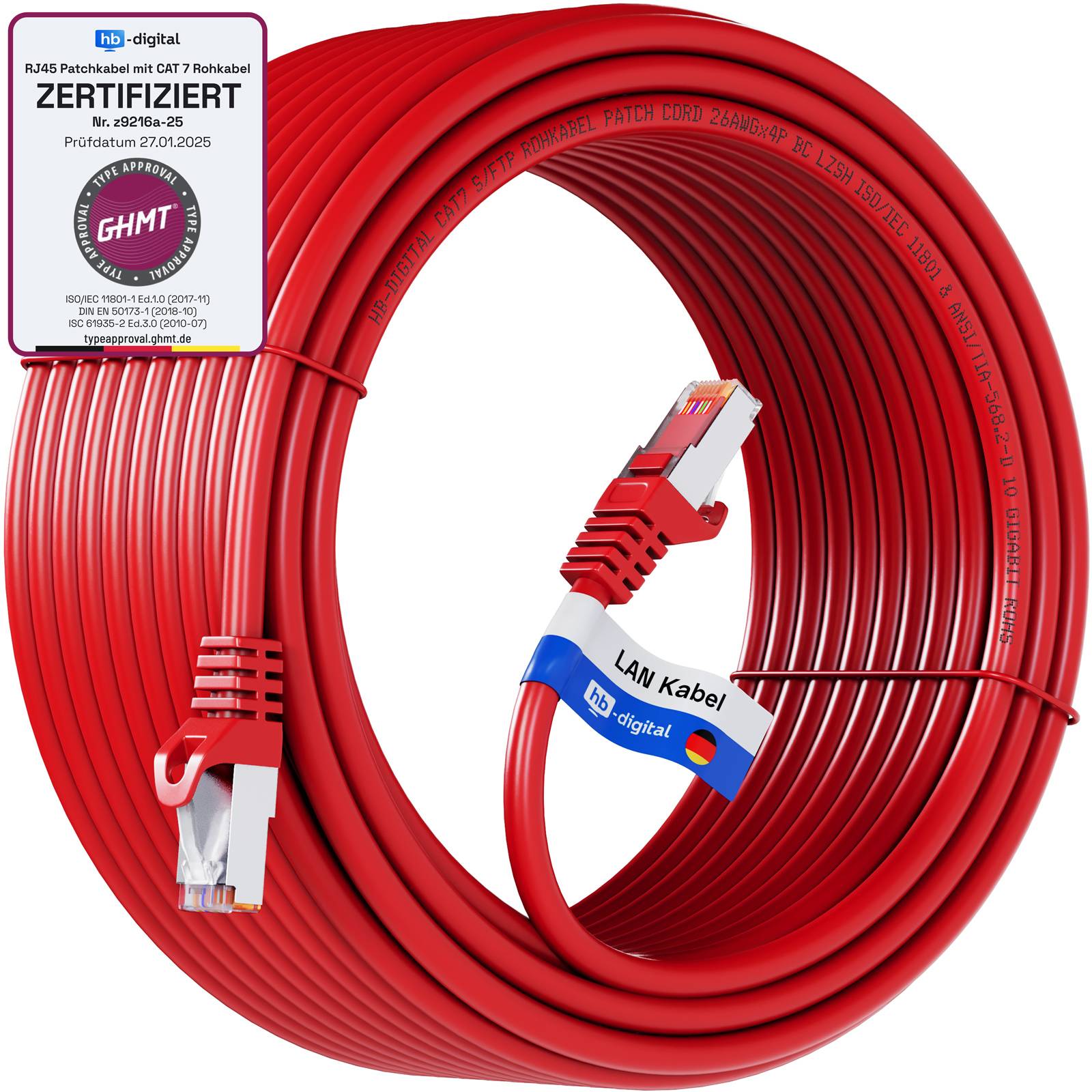 hb-digital Patchkabel 50m CAT7 Rohkabel LAN Kabel S/FTP PiMF LSZH rot