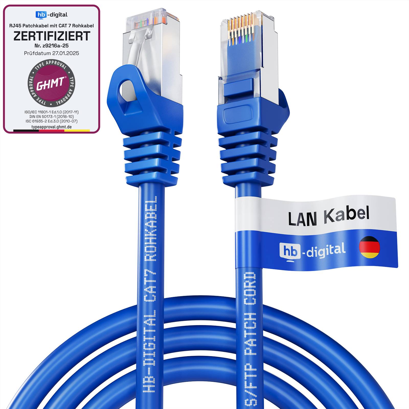 hb-digital Netzwerkkabel CAT 7 Rohkabel RJ45 S/FTP PiMF LSZH 3m blau
