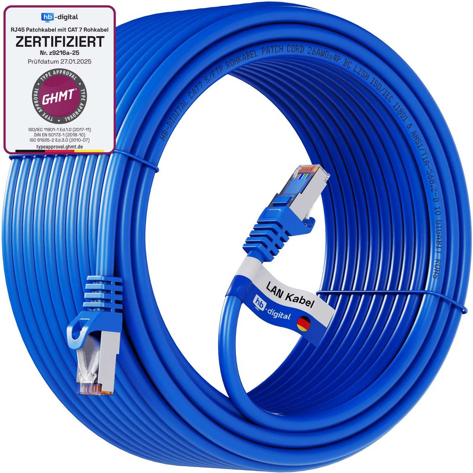 hb-digital Netzwerkkabel CAT 7 Rohkabel RJ45 S/FTP PiMF 10m blau