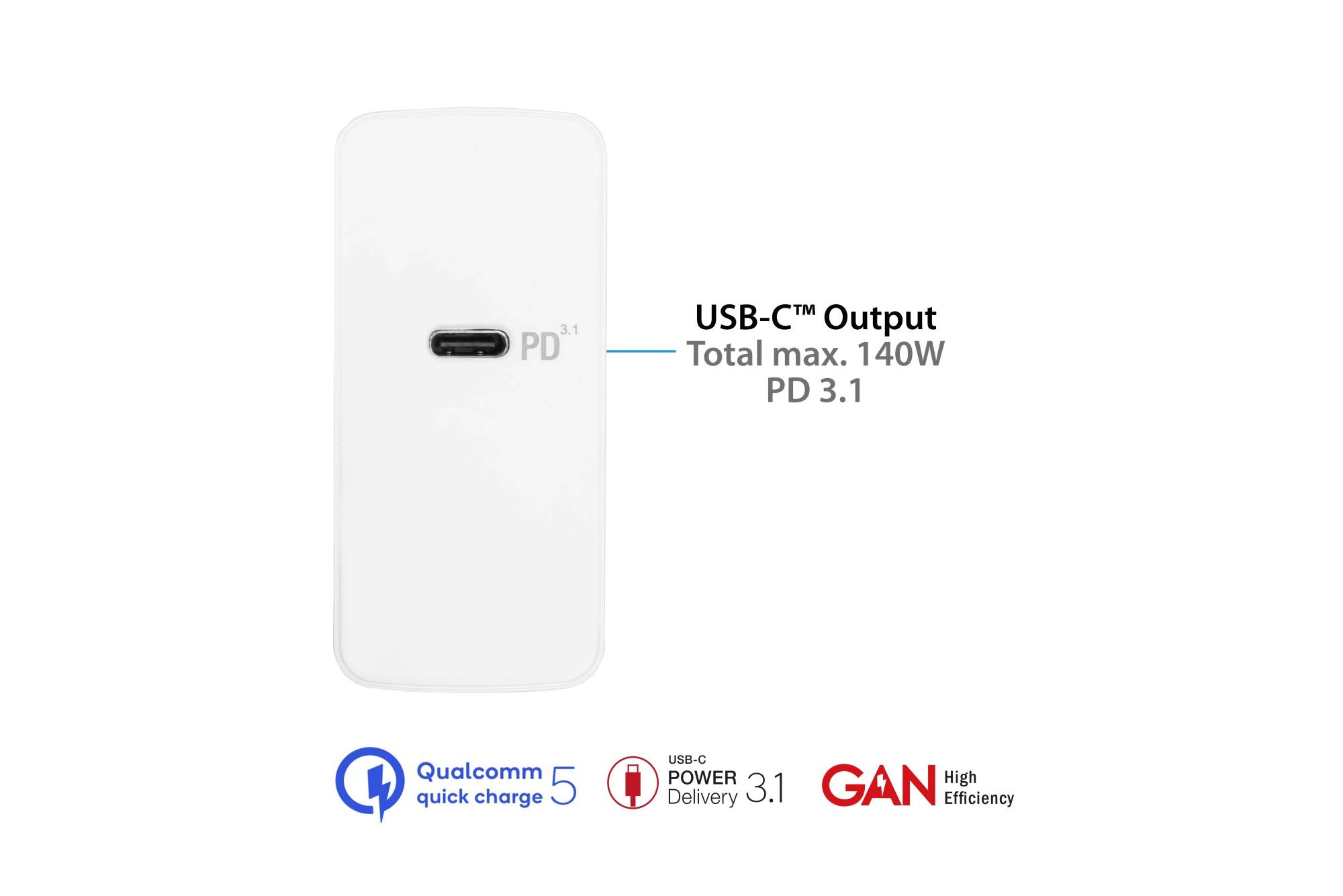USB-Schnellladegerät 140W mit GaN-Technologie, 1-Port (USB-C™), PD 3.1, QC 5, PPS, inkl. 1,2m Ladekabel, weiß