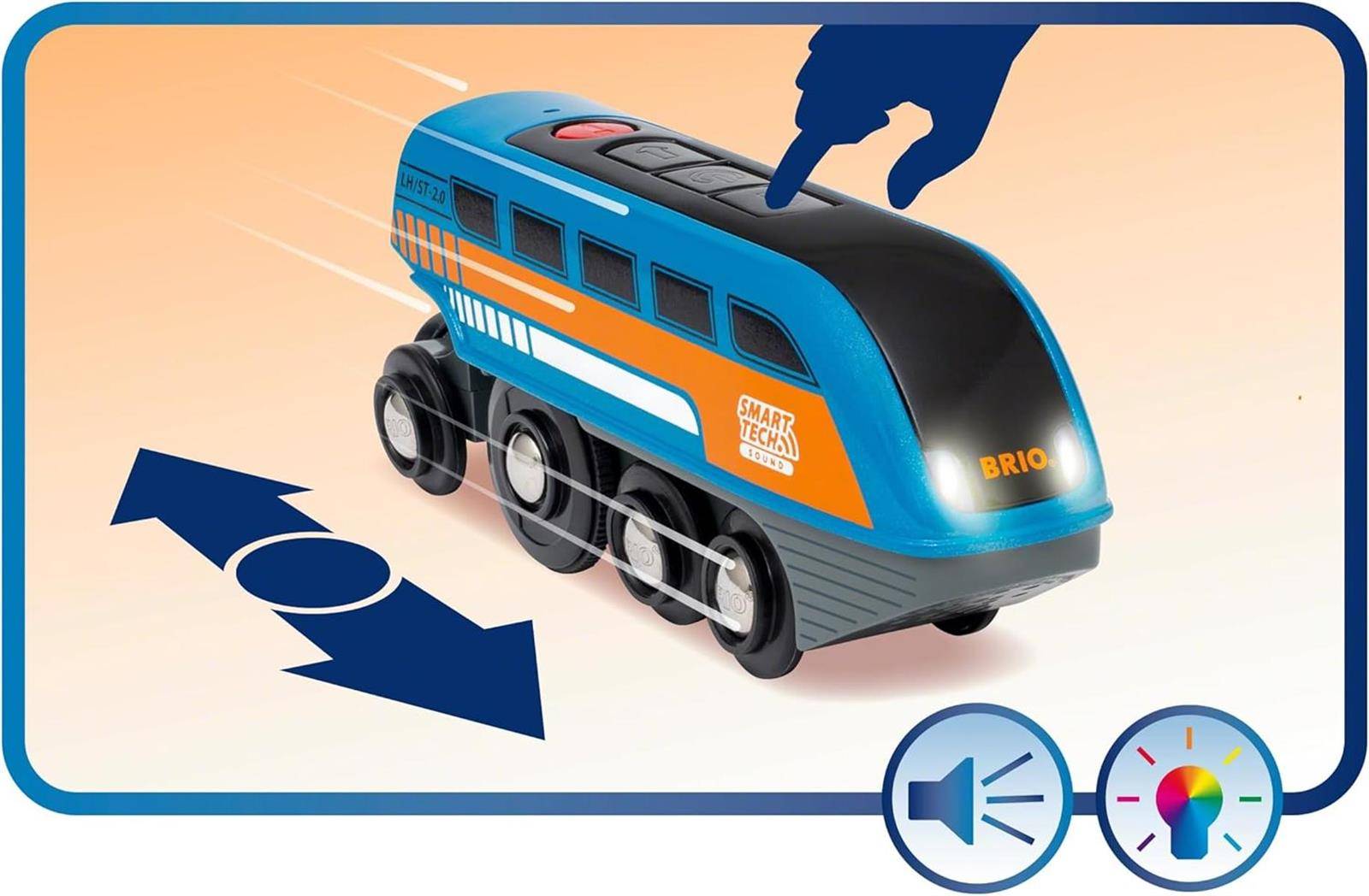 Spielzeugzug in Blau und Orange mit Rädern und „BRIO"-Branding; eine Hand drückt auf das Dach, und Pfeile deuten eine Drück-und-Fahr-Bewegung an.