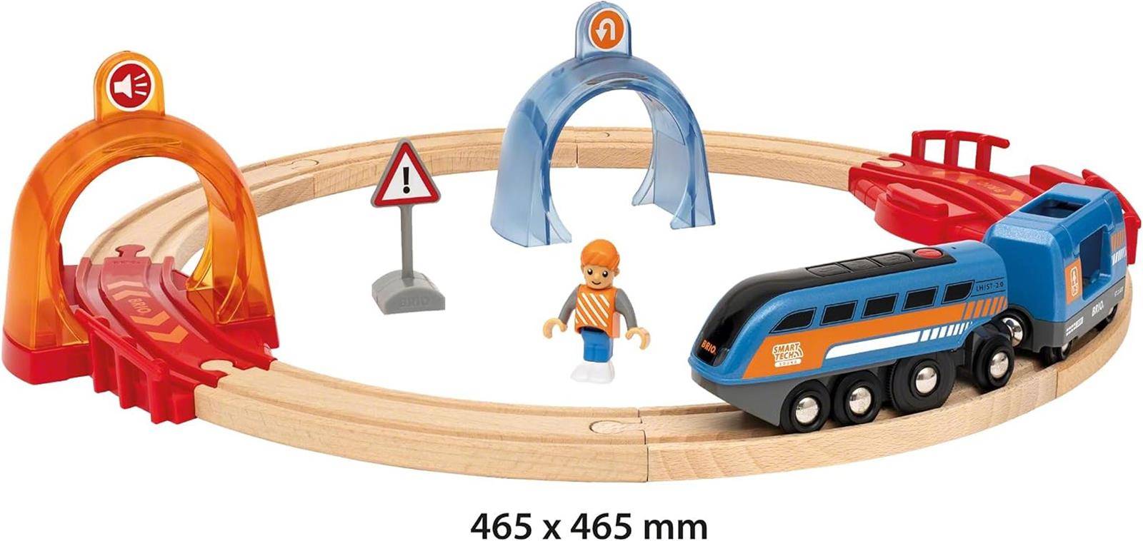 Spielzeugeisenbahn-Set mit einer blauen Lokomotive auf Holzgleis, roten und orangefarbenen Tunnelzubehörteilen, Warnschildern, einer Brücke und einer kleinen Figur