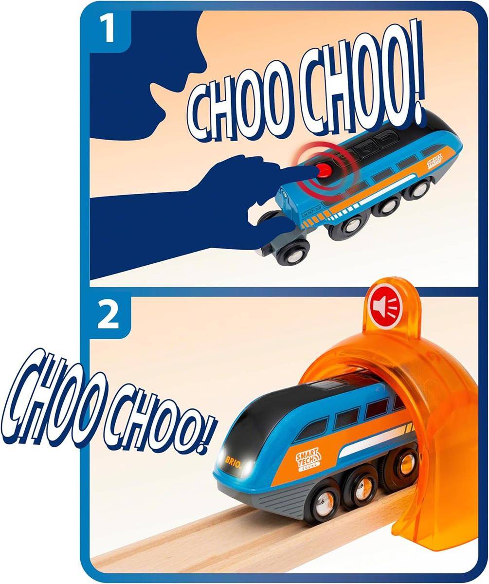 Zweiteilige Illustration zeigt eine Hand, die auf das Dach eines blauen Spielzeugzugs drückt, um das Geräusch „CHOO CHOO!" zu machen, dann fährt der Zug in einen orangefarbenen Tunnel ein, mit einem Schallsymbol.