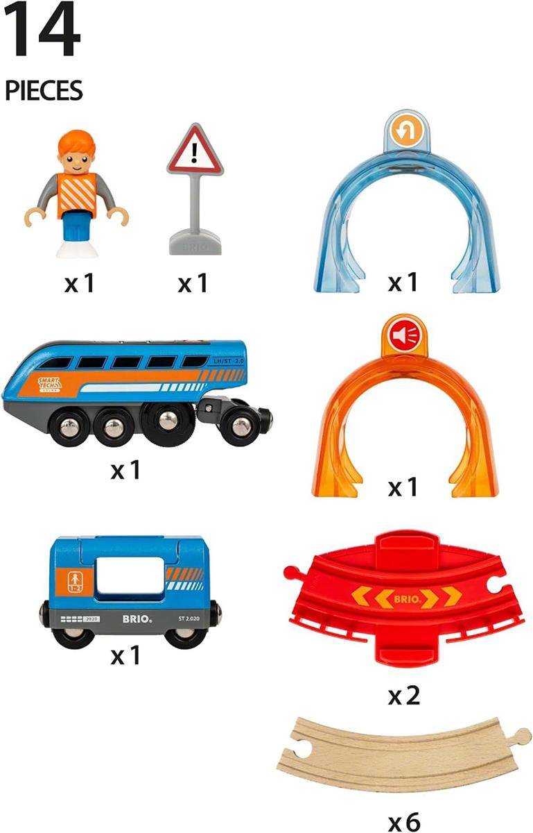 Das Bild zeigt ein 14-teiliges Spielzug-Set-Inventar: Figur, Warnschild, blaue und orangefarbene Bogenstücke, Zugwagen, rote Weiche und hölzerne gekrümmte Gleise.