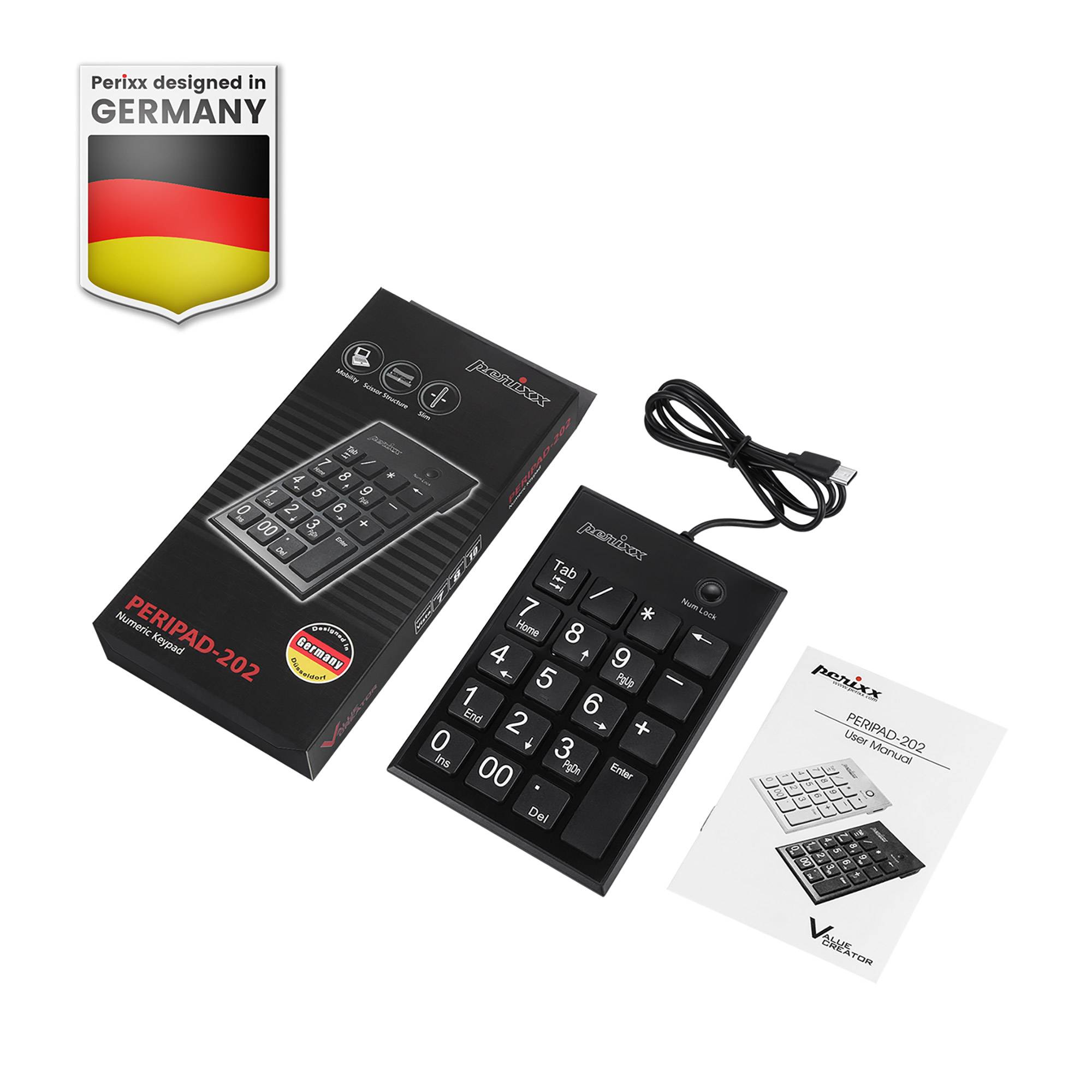 PERIXX - PERIPAD-202C Nummernblock kabelgebungen USB-C mit 2x USB 2.0 Hub USB-A - Touchpen - Touchpen - 19 Tasten