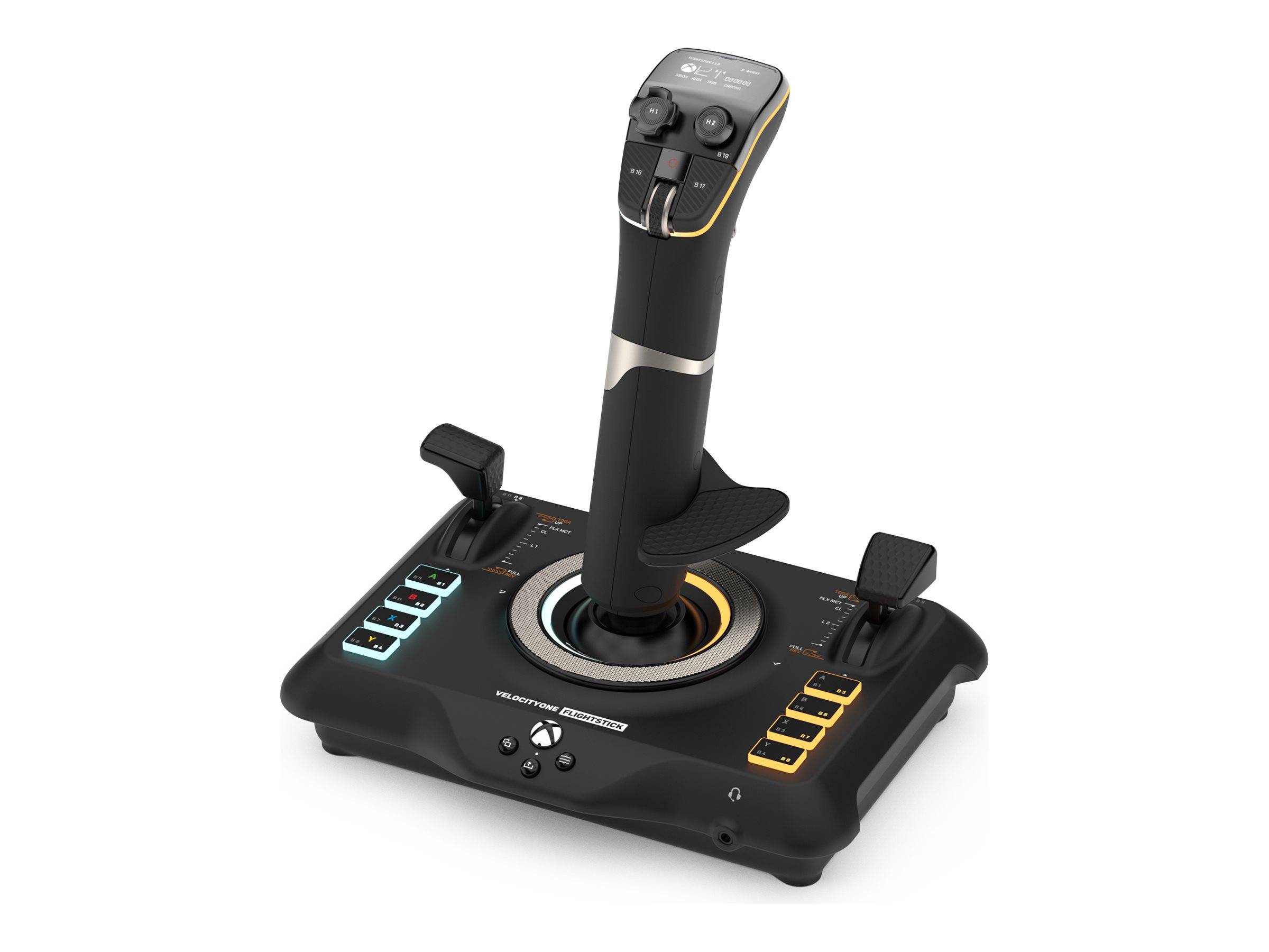 Schwarzer Flugsimulator-Joystick mit mehreren Tasten und einem Gashebel auf einem Sockel.