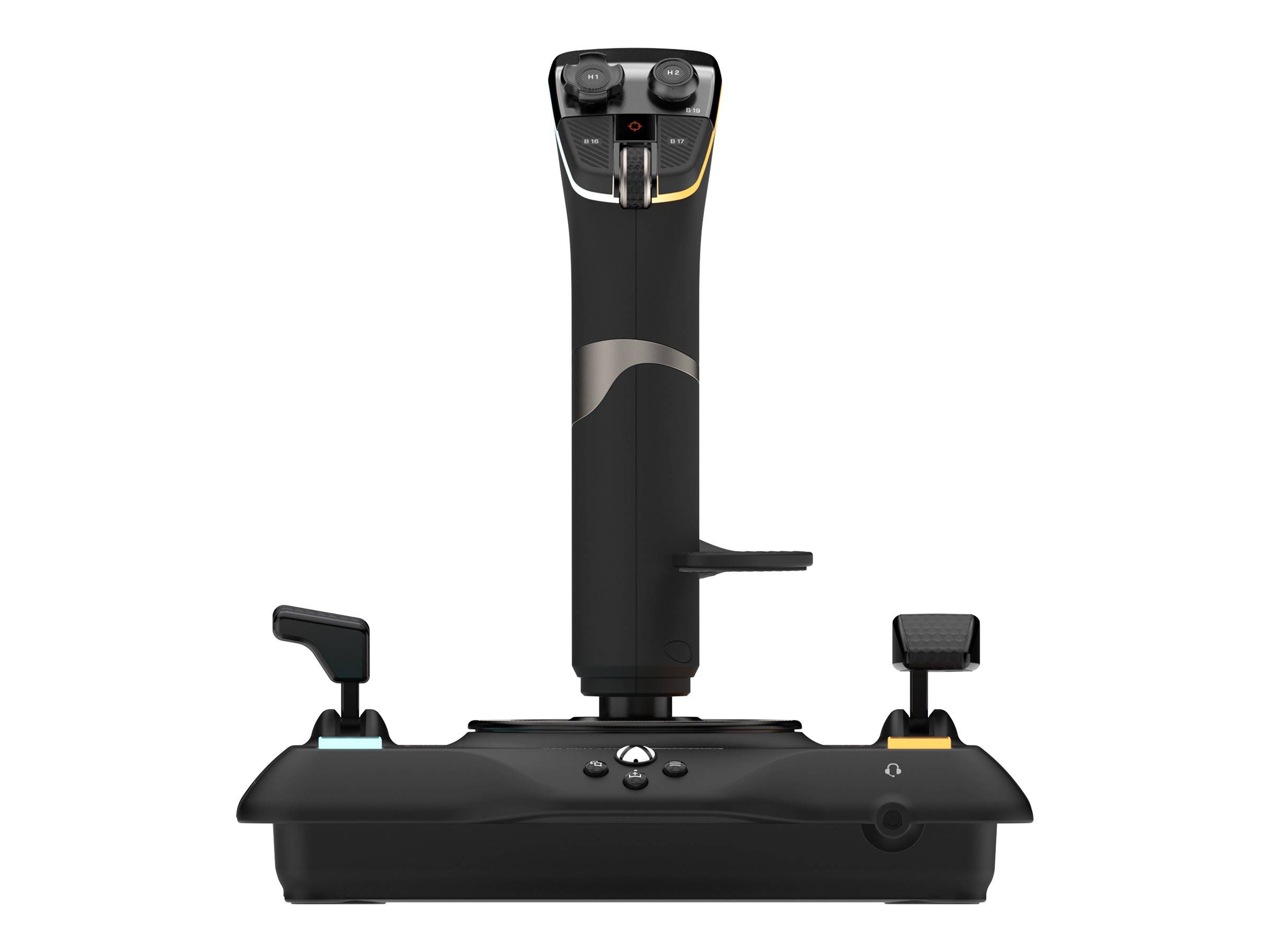 Schwarzer Flugsteuerungsjoystick mit doppelten Seitenhebeln und oben angebrachten Tasten, der einem Flugzeugtriebwerksregler ähnelt.
