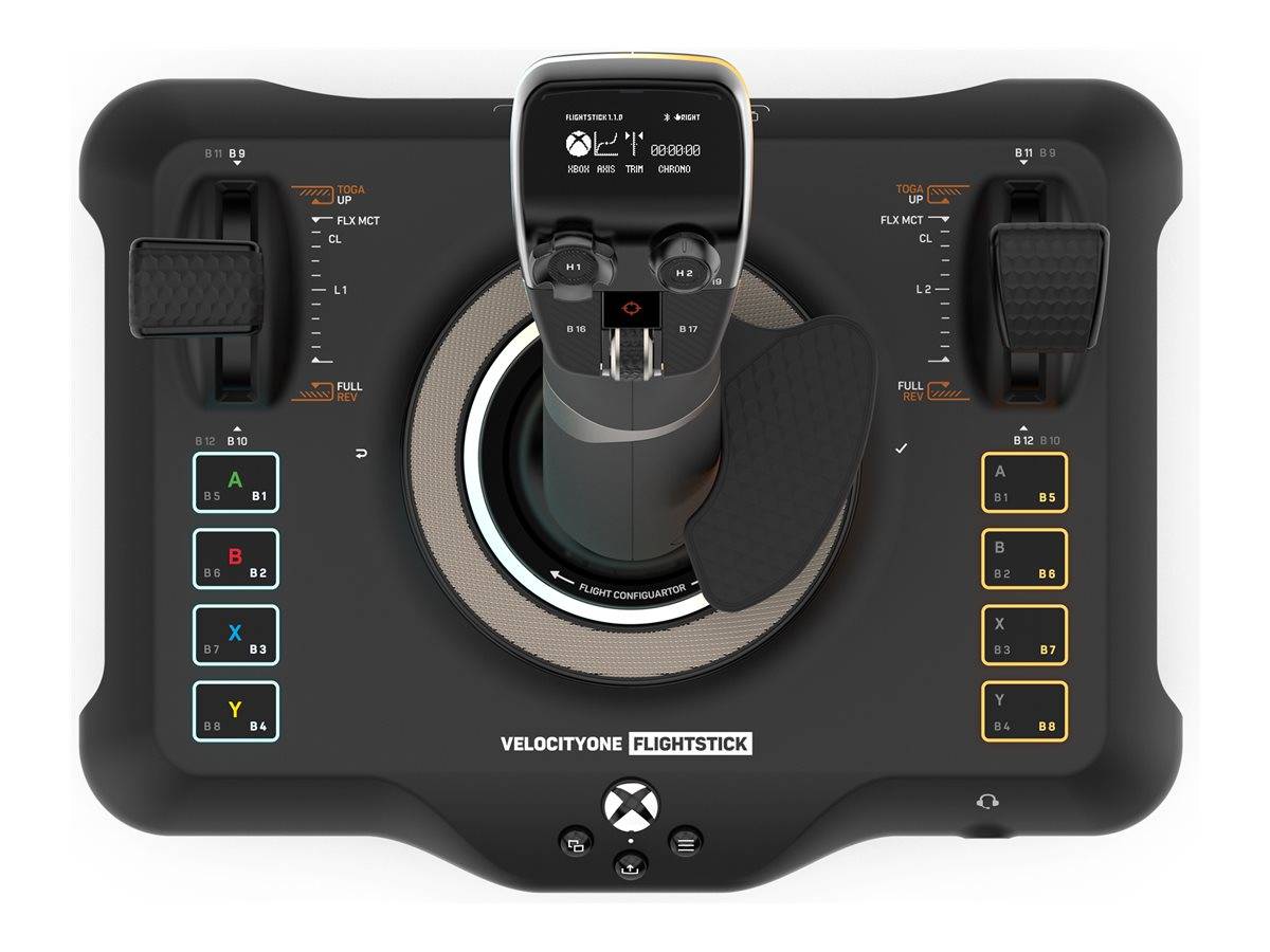 Draufsicht auf einen VELCOTYONE FlightStick-Spielecontroller mit zentralem Joystick, doppelten Drosselgriffen im Stil und beschrifteten Tasten für Flugsimulatorbedienelemente.