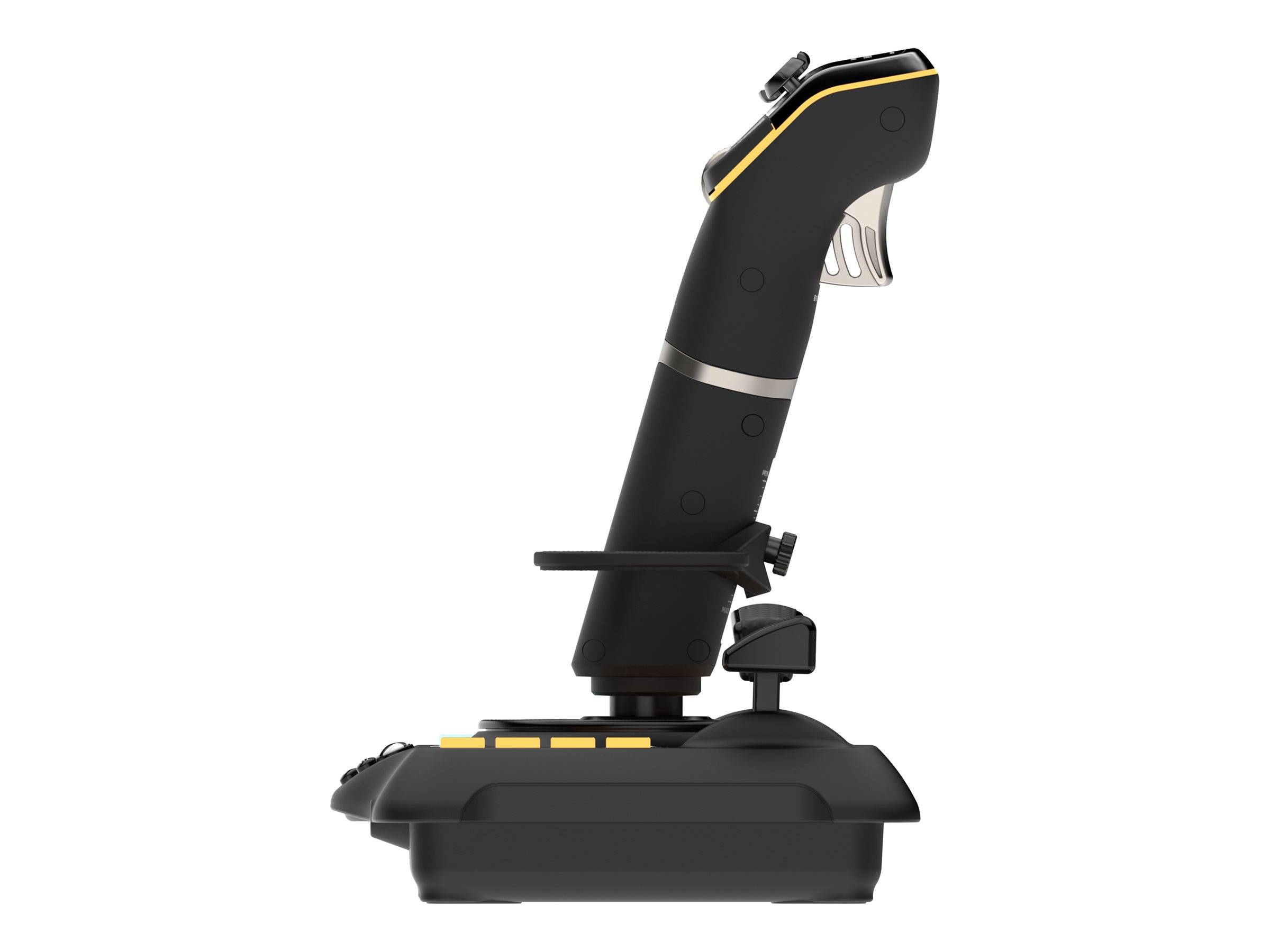 Schwarzer Joystick-ähnlicher Steuergriff auf einer Basis mit Tasten und einem Abzug, gezeigt auf weißem Hintergrund.