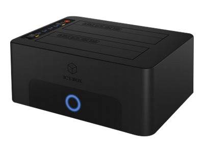 Black Icy Box externes Festplattengehäuse mit blauem LED-Ring auf der Vorderseite und Statusanzeigen oben.