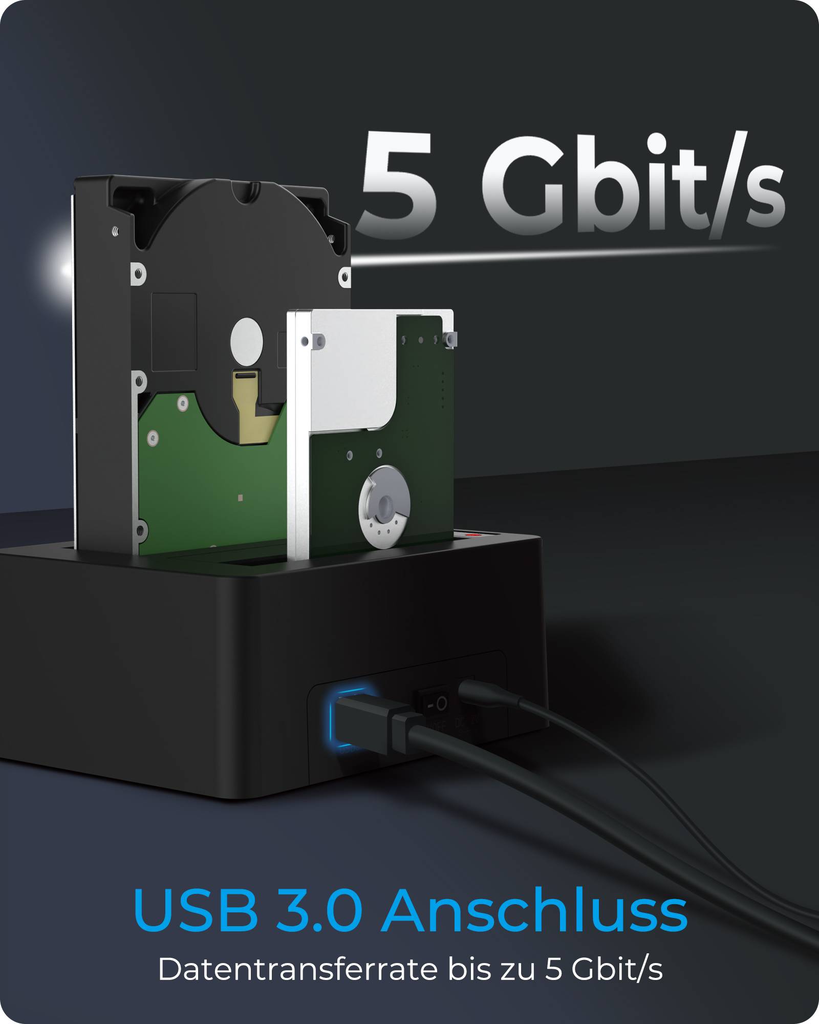 Werbegrafik einer USB 3.0-Verbindung, die eine Festplatte und ein Kabel mit dem Text „5 Gbit/s