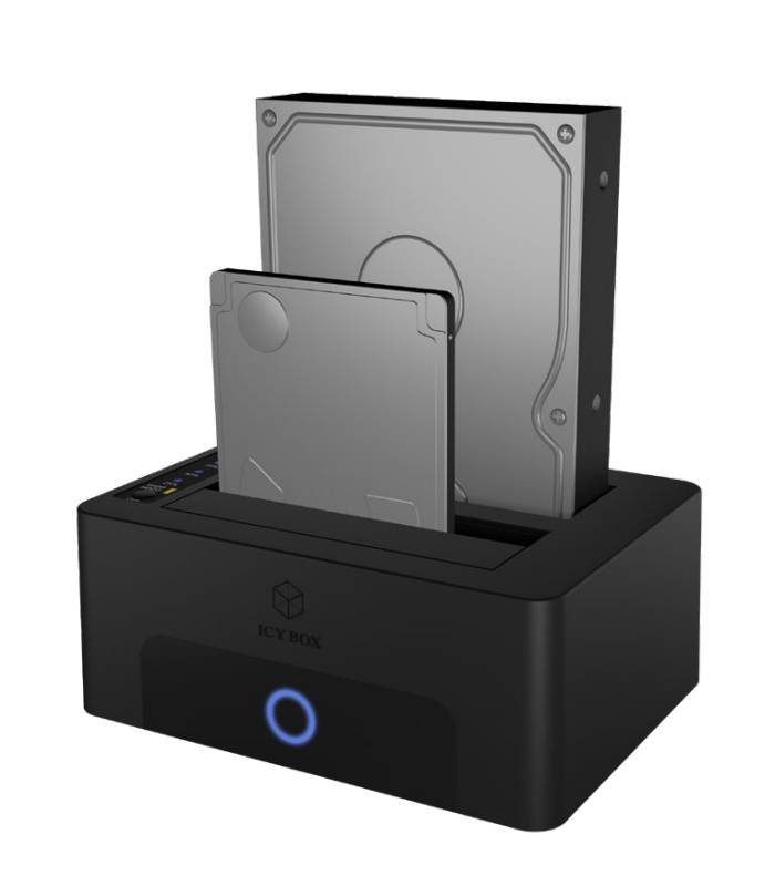 Schwarze Dual-Bay-Festplattenstation mit einer 2,5-Zoll- und einer 3,5-Zoll-Festplatte eingebaut, blaues Stromlicht auf der Vorderseite.
