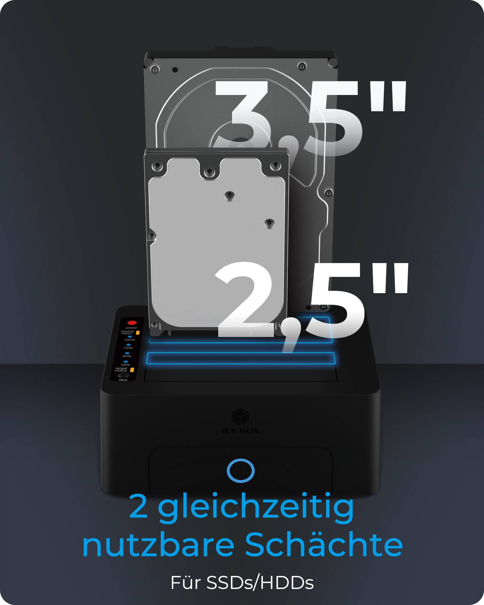 Abbildung eines Speichergerätedocks mit zwei gleichzeitig nutzbaren Schächten für SSDs/HDDs, mit den Bezeichnungen 3,5