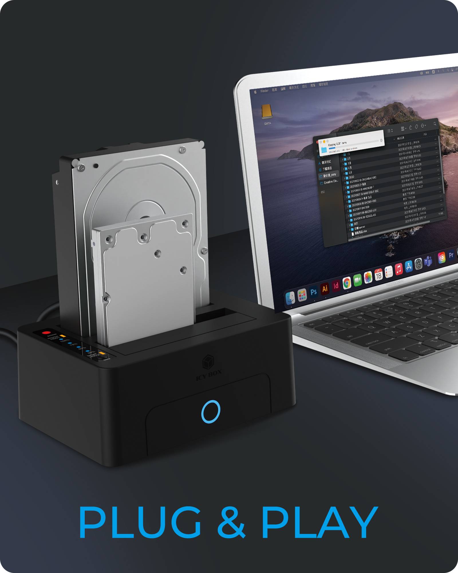 Dockingstation mit zwei Festplatten neben einem Laptop, mit dem Text 