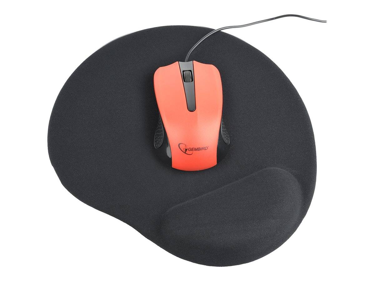 Orange Computermaus auf einem schwarzen ergonomischen Mousepad mit Handgelenkstütze.