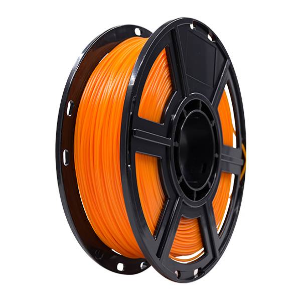 Orange-farbige 3D-Drucker-Filamentspule auf einer schwarzen Spule, isoliert auf weißem Hintergrund dargestellt.