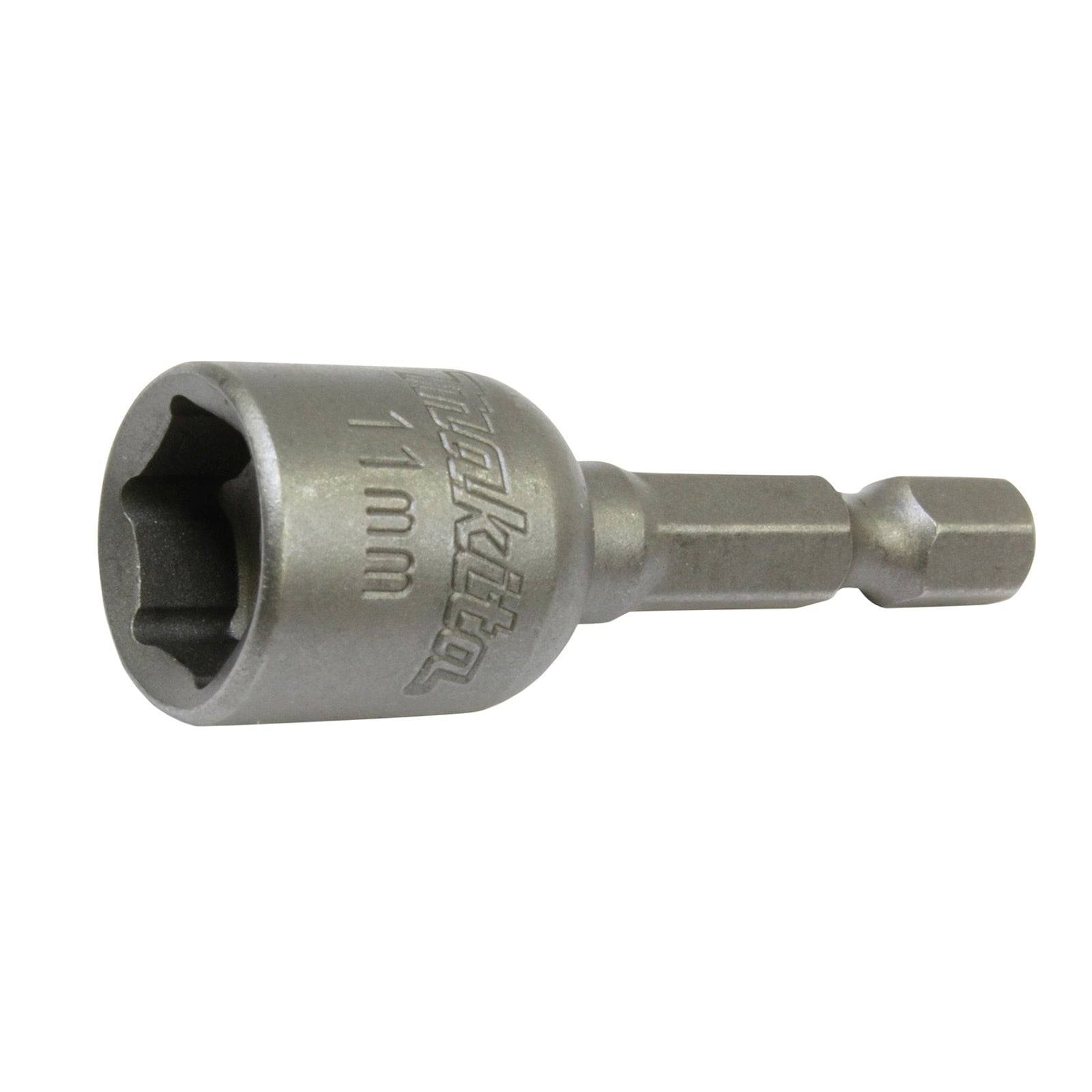 Ein Makita Sechskant-Steckschlüssel aus Metall mit 11 mm Größe und Sechskantschaft, der für die Verwendung mit einem Bohrschrauber konzipiert ist und vor einem weißen Hintergrund präsentiert wird.