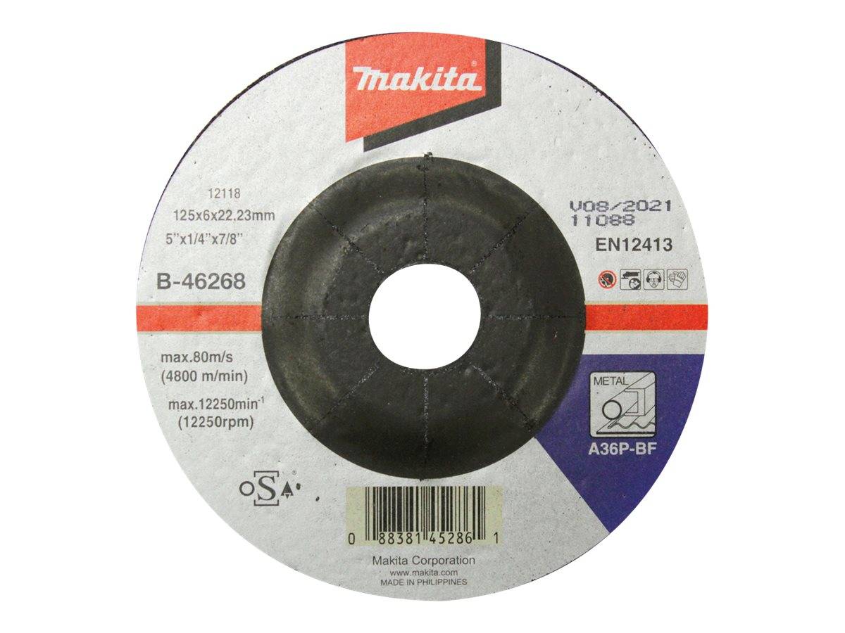 Makita Metallschneideschleifscheibe Etikett mit Größe 125x6x22,23 mm, max. 80 m/s und Produktcode B-46268.