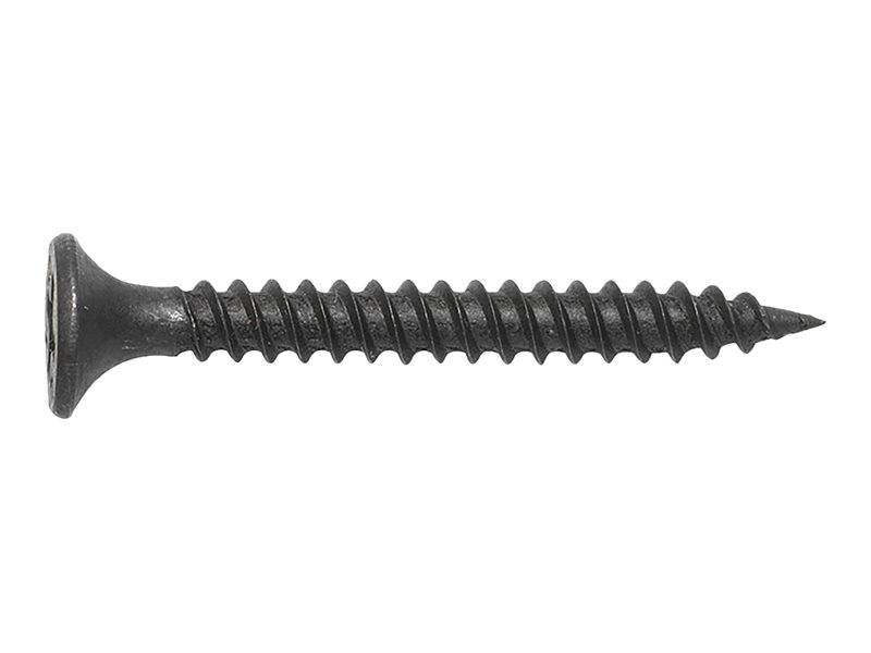 Einzelne schwarze Phillips-Kopf-Schraube in Seitenansicht auf weißem Hintergrund.