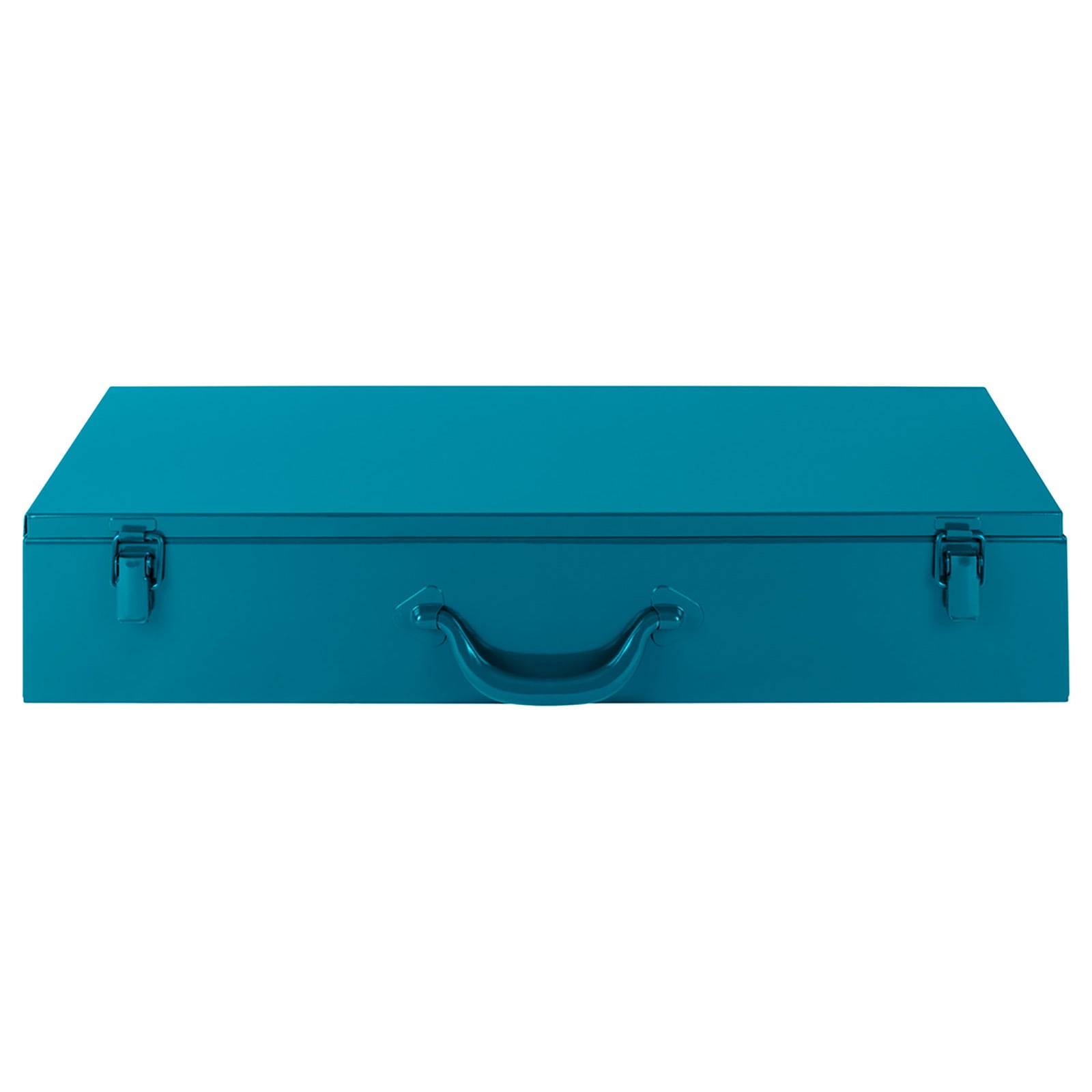 Eine geschlossene blaue Aktentasche mit Griff, von vorne betrachtet.