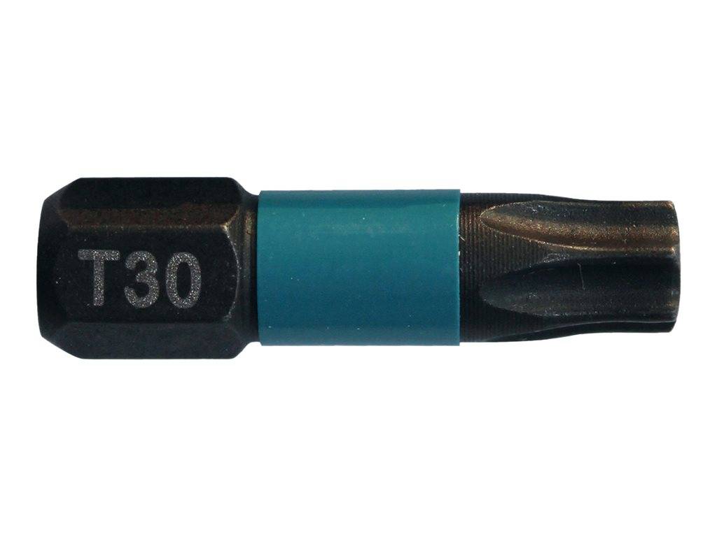 Nahaufnahme eines schwarzen T30-Torx-Schrauberbits mit blauem Kragen auf weißem Hintergrund.
