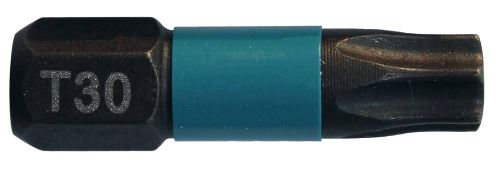 Nahaufnahme eines T30-Torx-Schraubendreher-Bits mit blauem Kragen, horizontal auf weißem Hintergrund dargestellt.