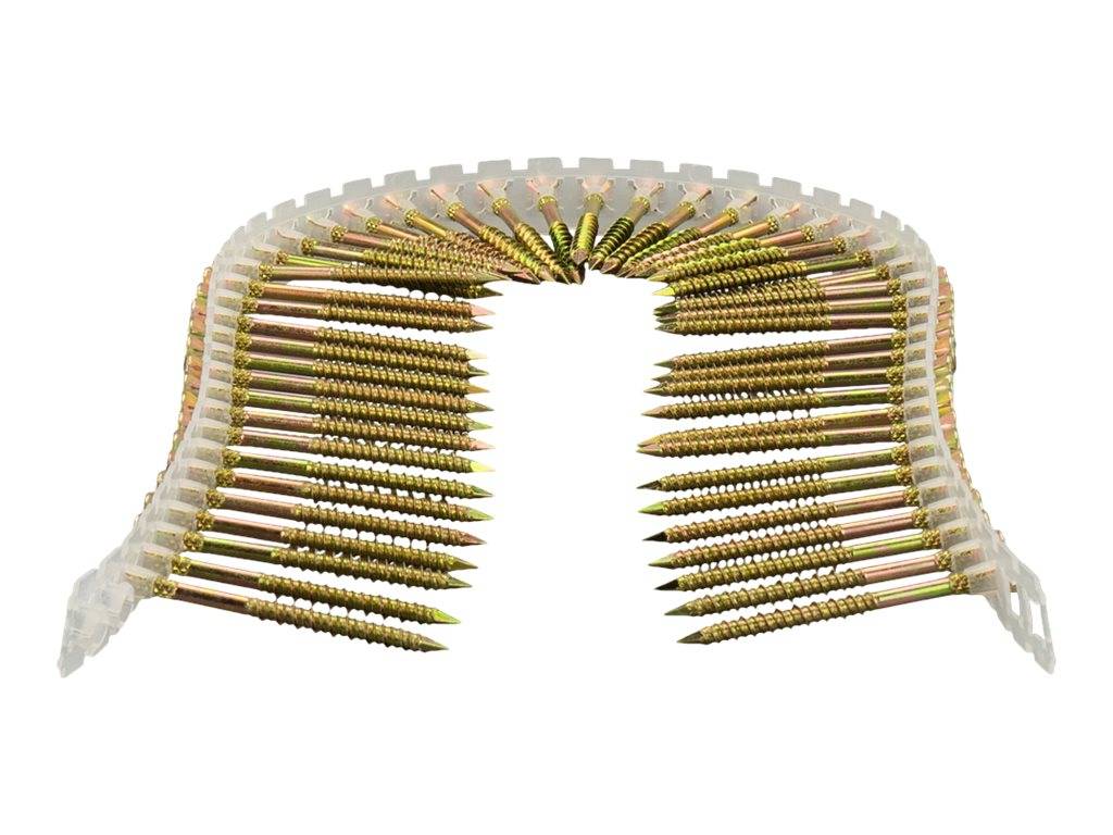 Ein gekrümmtes Streifen von sortierten goldfarben Schrauben, die in einer U-Form angeordnet sind, wahrscheinlich ein Nagelschussgerät-Befestigungsgürtel, gezeigt auf weißem Hintergrund.