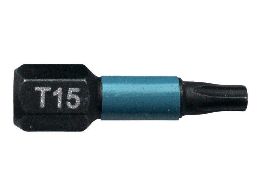 Ein T15 Torx-Schraubendreher-Bit, schwarz und blau, isoliert auf weißem Hintergrund dargestellt.