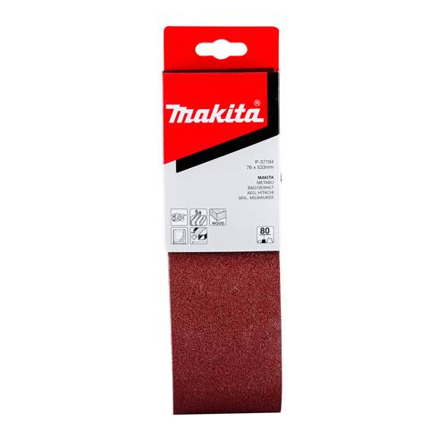 Makita Schleifband-Paket mit rotem 80er-Körnung-Schleifband auf weißem Hintergrund dargestellt.