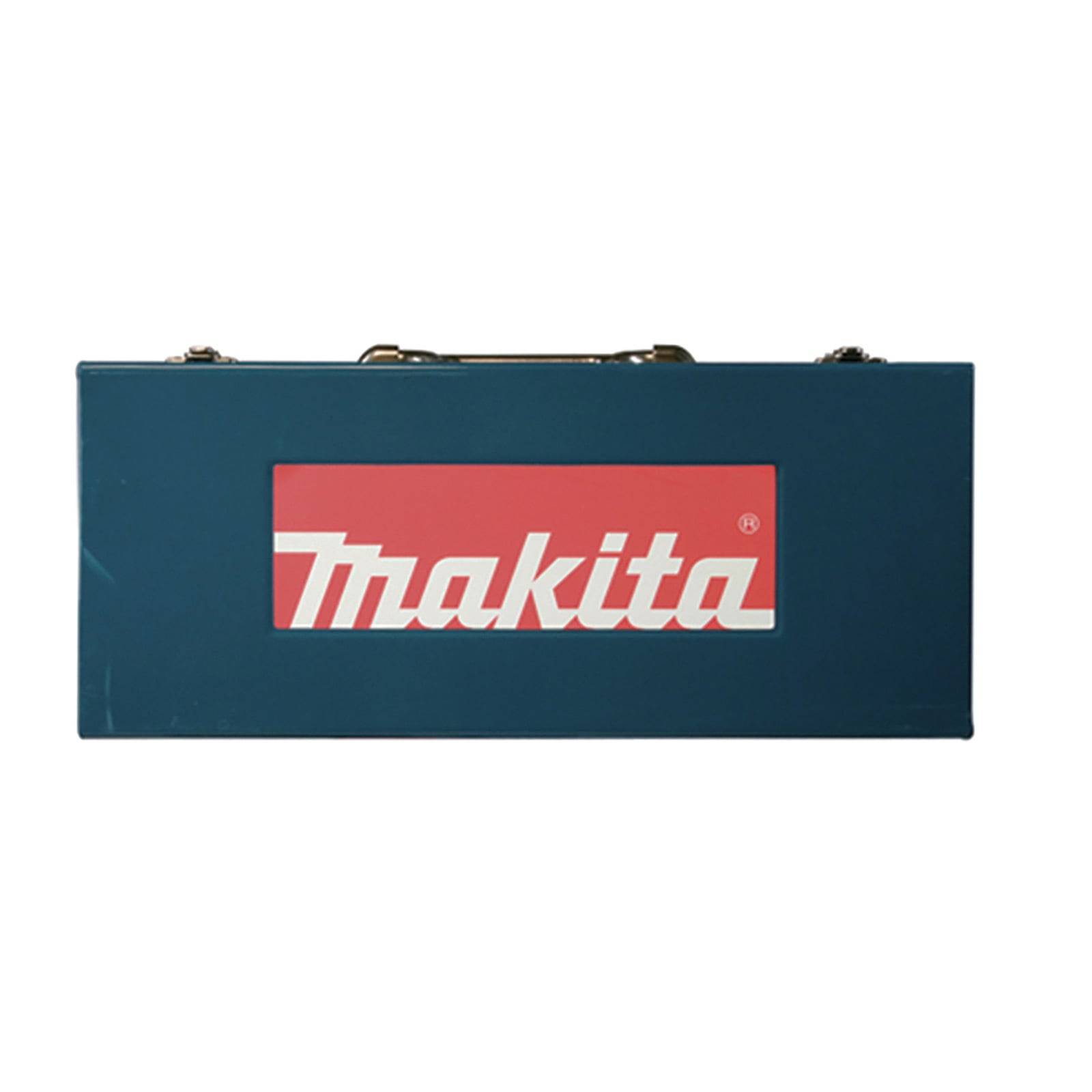 Eine blaue Metallwerkzeugkiste mit einem roten und weißen 'Makita'-Logo auf der Vorderseite.