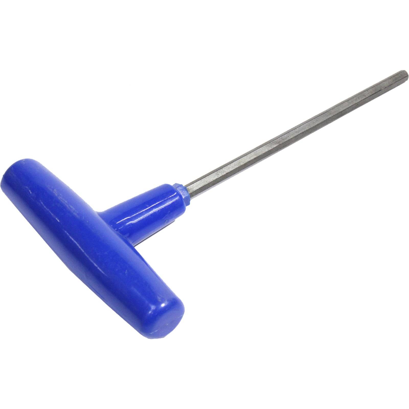 Ein blauer T-Griff-Sechskantschlüssel mit einer langen Metallwelle, die vom Griff abgeht, wird zum Anziehen oder Lösen von Schrauben mit Sechskantbohrungen verwendet.