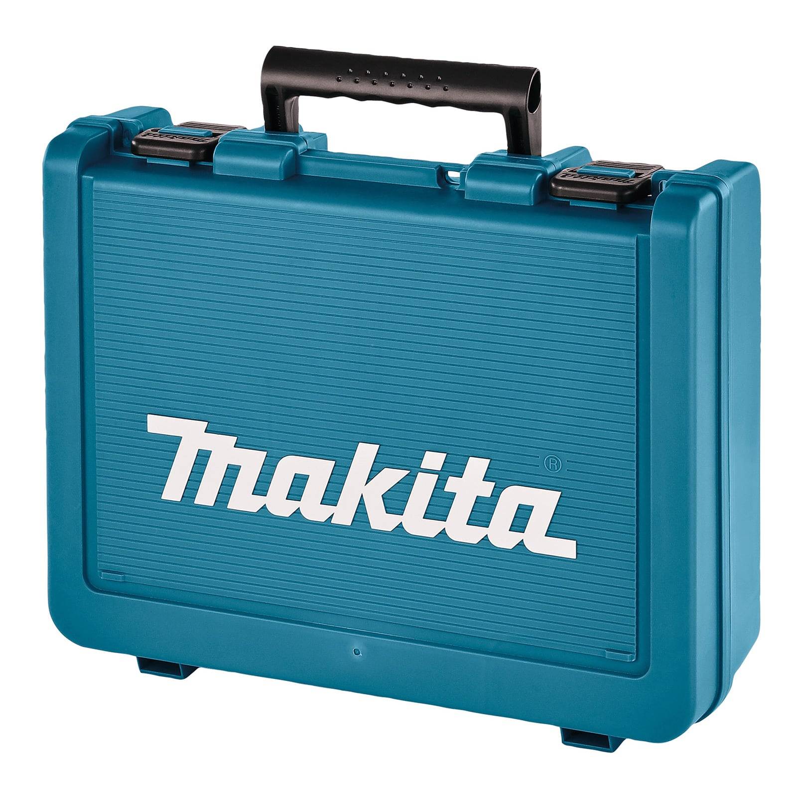 Ein blauer Transportkoffer mit dem 'Makita' Logo, das darauf gedruckt ist, und einem schwarzen Griff oben.