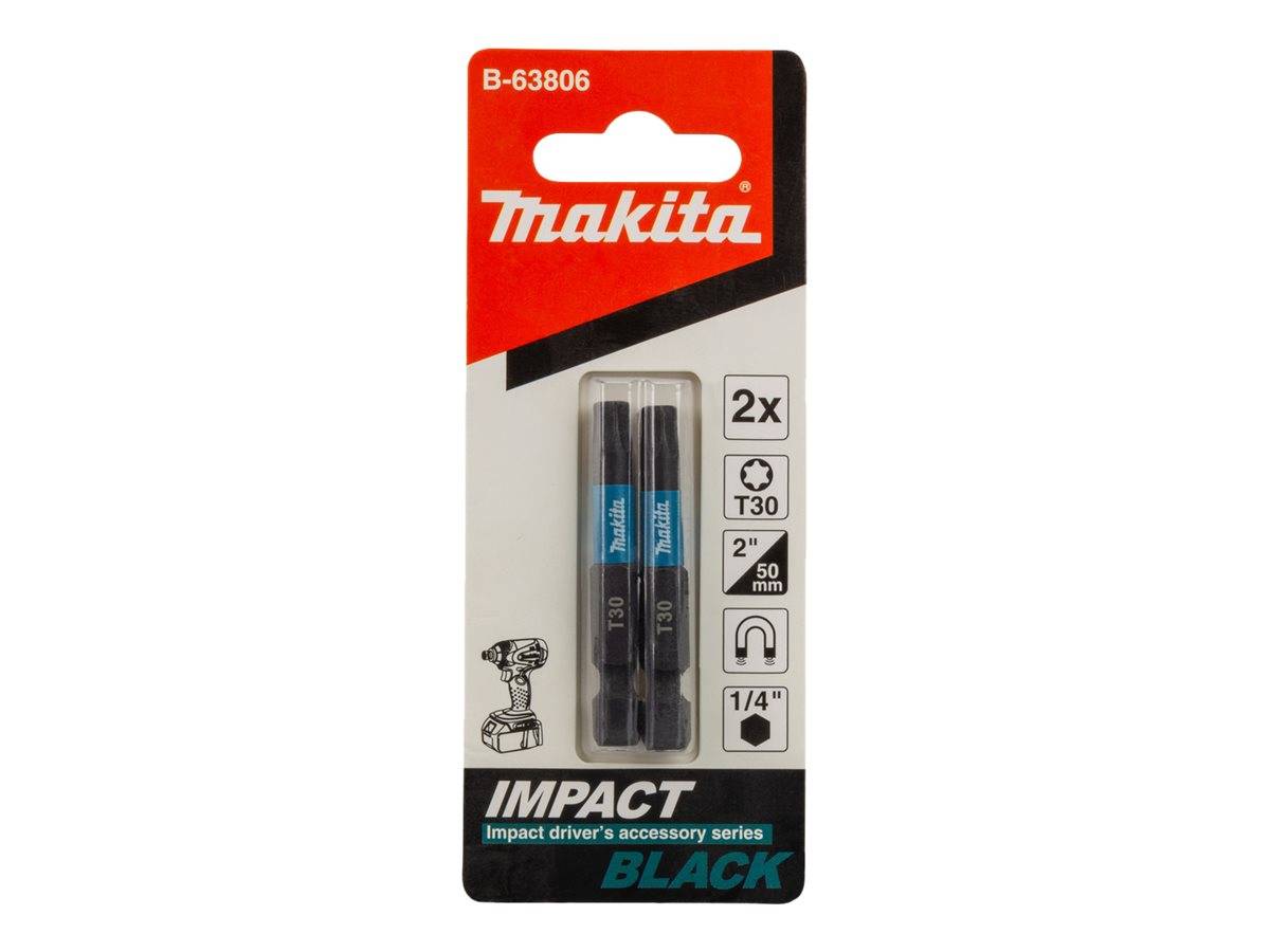 Makita 'IMPACT BLACK' Paket mit zwei T30 2-Zoll-Schlagschrauber-Bits, in Blisterverpackung gezeigt.