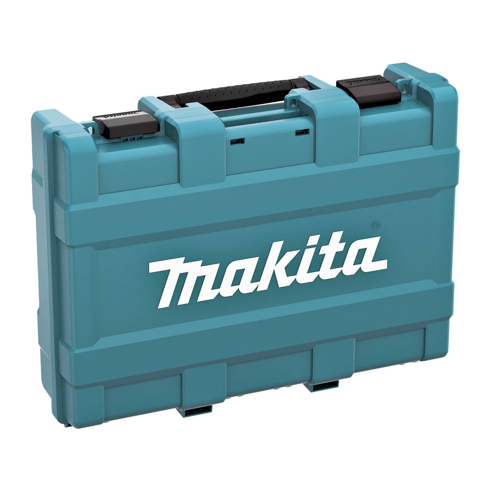 Ein türkisfarbener Makita Werkzeugkoffer mit einem schwarzen Griff und dem Makita-Logo auf der Vorderseite, der zum sicheren Aufbewahren und Transportieren von Werkzeugen konzipiert ist.