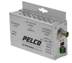 Pelco von Schneider Electric Ethernet-Portverteiler-Modul mit Halterung und Kontrollleuchten in weißem Metallgehäuse.