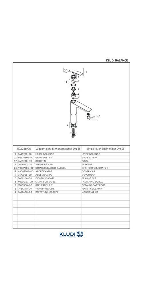 Kludi Waschschüssel-EHM BALANCE DN 15 Ausl.hö. Unterkante 272mm