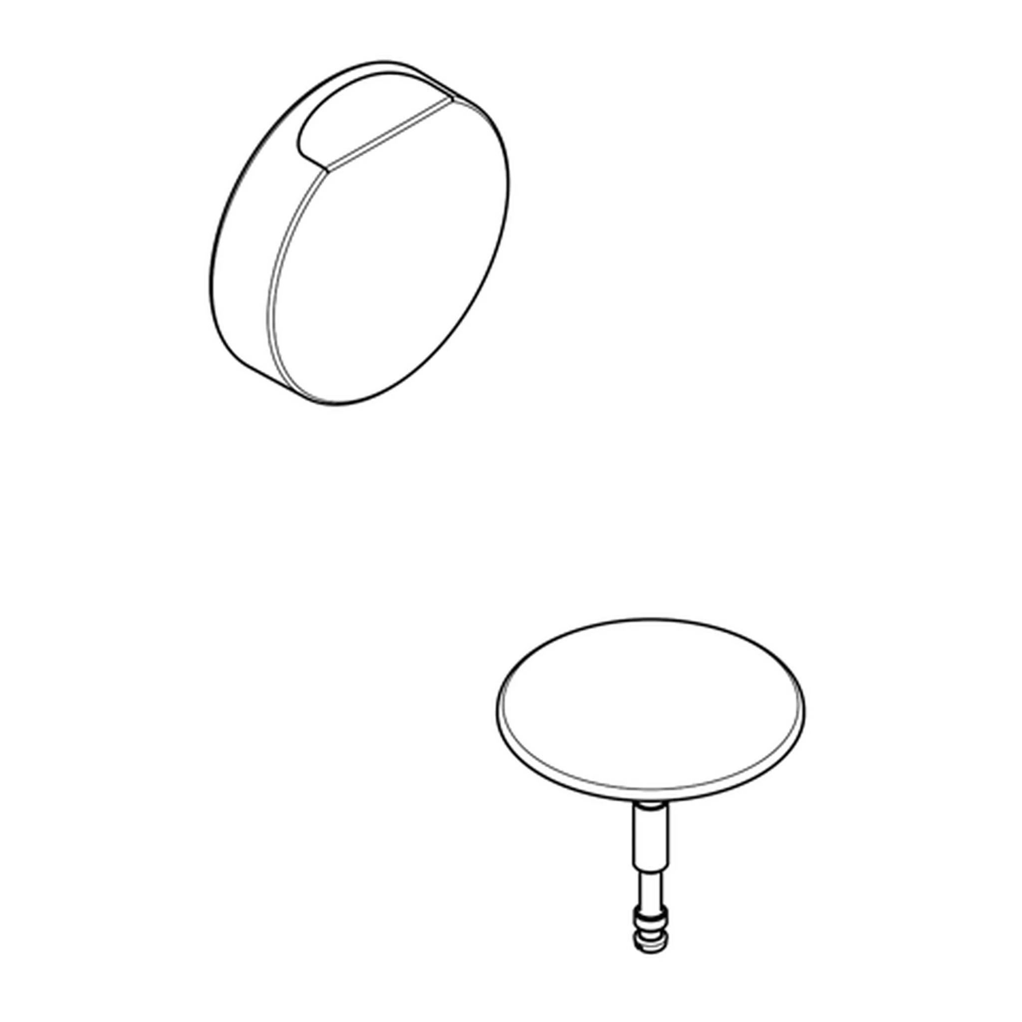 Linienzeichnung eines runden Knopfes oder Drehknaufs, dargestellt in zwei separaten Ansichten, mit einer geneigten Draufsicht oben und einer Seitenansicht mit Stiel darunter.