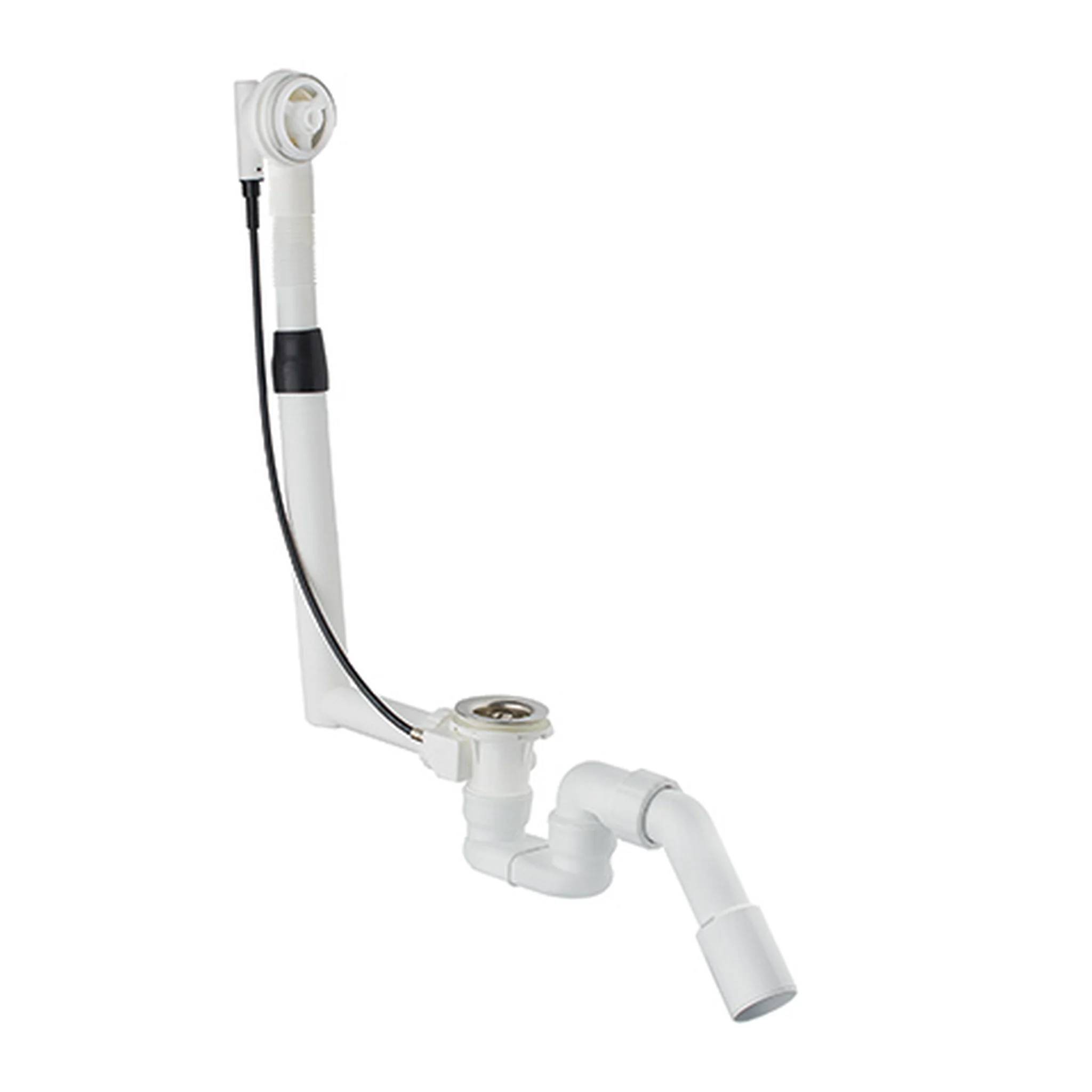 Weiße Waschbeckenablaufgarnitur mit Überlaufrohr, Kabel und abgewinkeltem Abwasserrohr auf neutralem Untergrund.