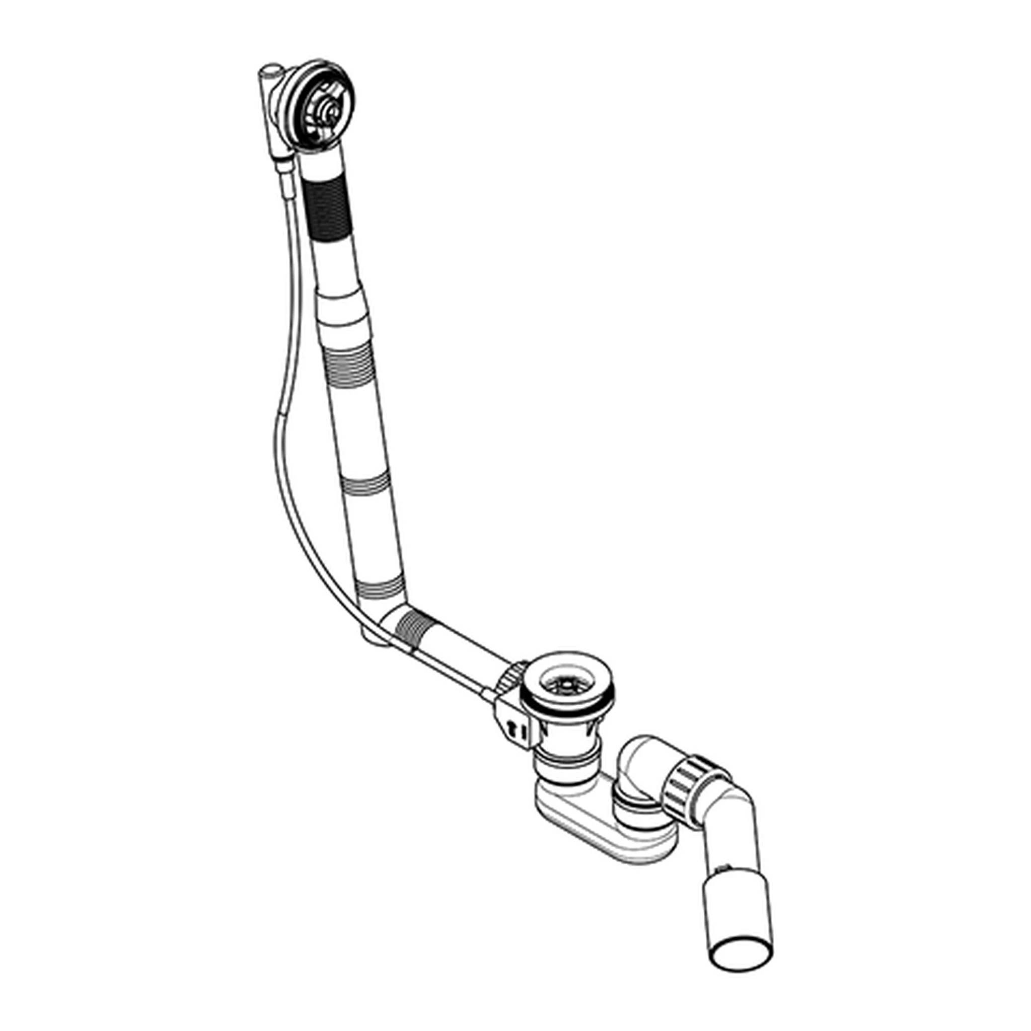 Schwarz-weiße technische Illustration einer Sanitär-Ableitungsrohranlage mit einer gekrümmten Siphon und einem angeschlossenen vertikalen Rohrsegment.