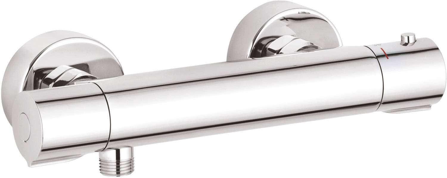 Verchromtes thermostatisches Duschventil mit doppelten Wandhalterungen und Bediengriff, dargestellt auf weißem Hintergrund.