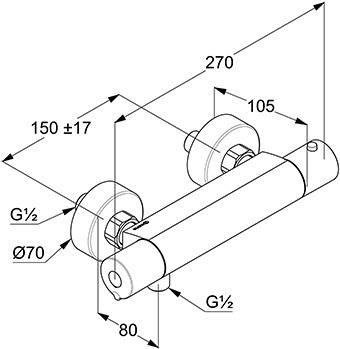 Technische Linienzeichnung einer zylindrischen Sanitärarmatur mit zwei Wandhalterungen, mit Abmessungen: 270, 150±17, 105, 80, G½ und Ø70.