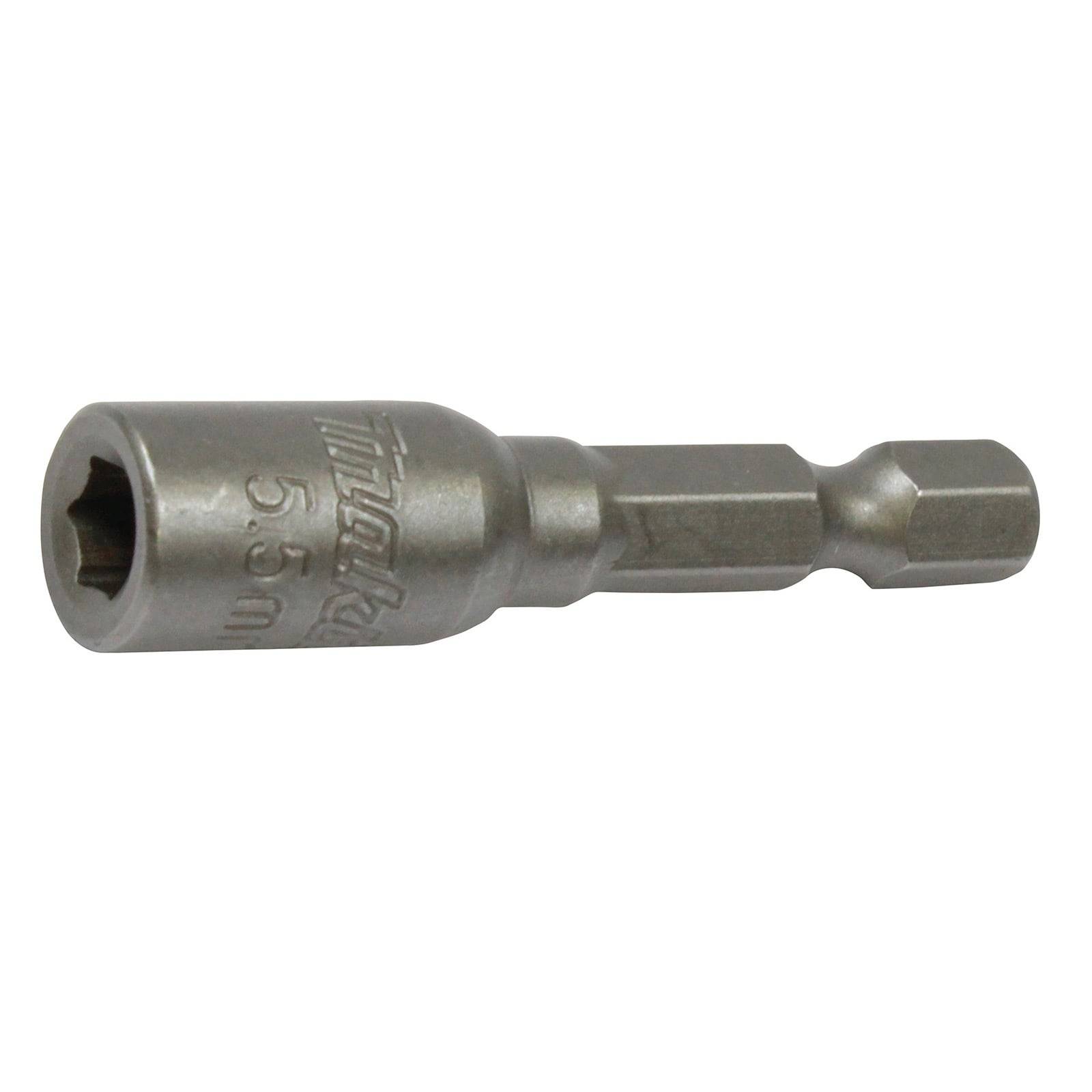 Ein 5,5 mm Sechskant-Schraubeinsatz aus Metall mit einem sechskantigen Schaft zum Anbringen an einem Akkuschrauber oder Schraubendreher.